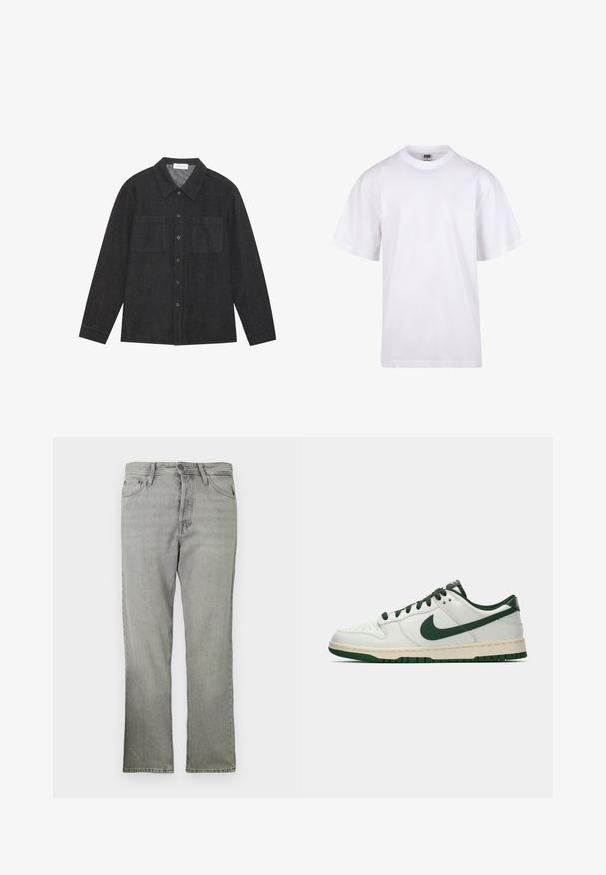 Camicia grigio scuro realizzata in tessuto testurizzato, con colletto a punta, chiusura con bottoni e due tasche sul petto. Maniche lunghe con polsini abbottonati.; T-shirt bianca in cotone con scollatura a girocollo, maniche corte e vestibilità rilassata. Presenta un design semplice senza motivi o accenti.; Jeans in denim grigio chiaro con taglio dritto, dotati di cinque tasche, chiusura frontale con zip e leggero effetto sbiadito.; Sneaker bianco a bassa cima con swoosh Nike verde scuro, lacci e dettagli della suola, mostrato di profilo su uno sfondo bianco uniforme.