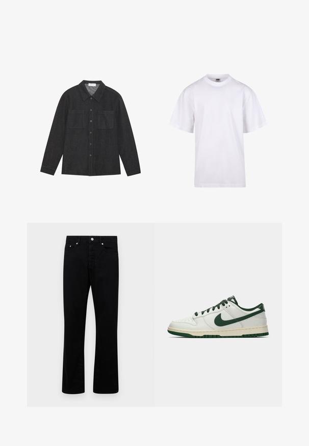 Cămașă gri închis, dintr-un material texturat, cu guler ascuțit, închidere cu nasturi și două buzunare pe piept. Mâneci lungi cu mansete închise cu nasturi.; Tricou alb din bumbac, cu guler rotund, mâneci scurte și croială lejeră. Dispune de un design simplu, fără modele sau accente.; Pantaloni negri din denim cu un design drept, având cinci buzunare, fermoar cu buton și accente din metal argintiu. Textură netedă.; Adidași albi cu vârf jos, având swoosh-ul Nike în verde închis, șireturile și accentele tălpii, prezentați în profil pe un fundal alb simplu.
