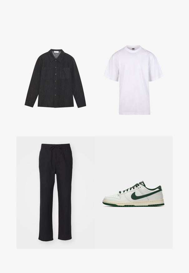 Camicia grigio scuro realizzata in tessuto testurizzato, con colletto a punta, chiusura con bottoni e due tasche sul petto. Maniche lunghe con polsini abbottonati.; T-shirt bianca in cotone con scollatura a girocollo, maniche corte e vestibilità rilassata. Presenta un design semplice senza motivi o accenti.; Pantaloni neri a gamba dritta realizzati in stoffa morbida con vita elasticizzata e coulisse regolabile. Senza tasche né motivi visibili.; Sneaker bianco a bassa cima con swoosh Nike verde scuro, lacci e dettagli della suola, mostrato di profilo su uno sfondo bianco uniforme.