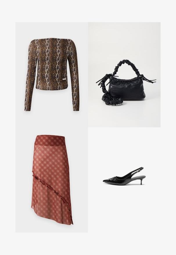 Top cropped de manga longa em padrão de onça, apresentando uma textura suave, palete de cores castanho e preto, e um discreto detalhe de logo na bainha.; Saia avermelhada com uma barra diagonal, apresentando um padrão xadrez em tons mais claros, acentuada com detalhes de botão ao longo da borda.; Sapatos de salto alto slingback em couro preto com bico fino, pequeno salto kitten e um detalhe decorativo em forma de nó na parte da frente. Textura suave em toda a parte.; Bolsa de mão em couro sintético preto com textura de crocodilo, topo franzido e alça enrugada. Apresenta um design suave e compacto.