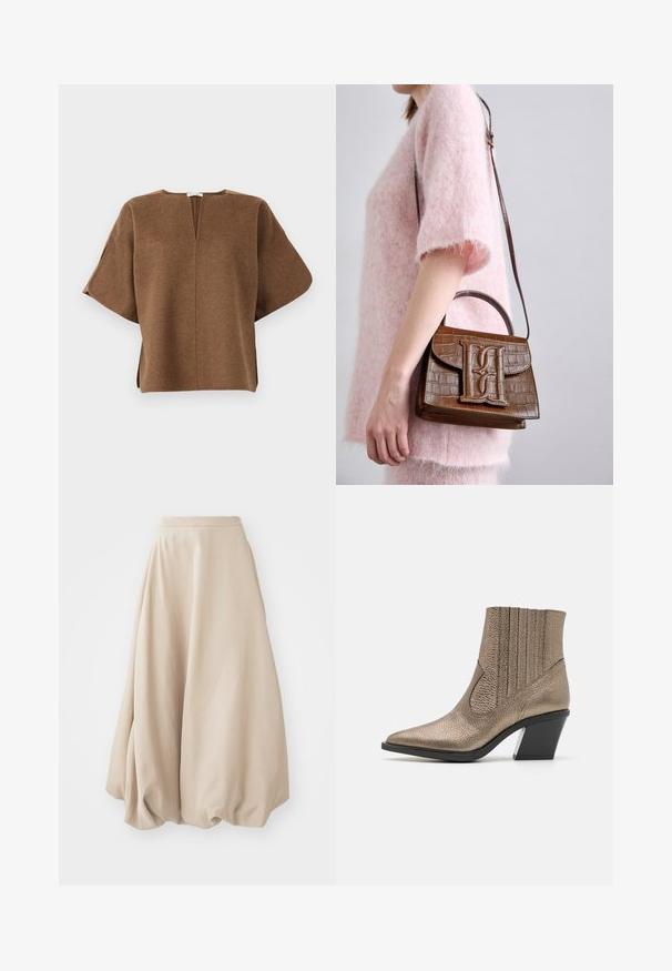 Brown wool-blend top with a relaxed fit, wide sleeves, a V-neckline, and side slits for ease of movement. Soft texture, minimal design.; Beige balloon skirt made of soft fabric. Features a high waist and voluminous design with gathered texture at the hem.; Metallic bronze ankle boot with a pointed toe, textured surface, vertical cutouts, and a block heel with a clear accent.; Brown crocodile-embossed handbag with a top handle and shoulder strap. Features a prominent logo on the front flap. Soft texture.