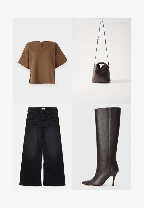 Top de mezcla de lana marrón con un corte relajado, mangas anchas, escote en V y cortes laterales para facilitar el movimiento. Textura suave, diseño minimalista.; Jeans de pierna ancha negros hechos de denim. Cuentan con una cintura alta, dos bolsillos frontales, un cierre de botón y detalles de desgastado sutil en la tela.; Bota de cuero negra hasta la rodilla con puntera afilada, diseño elegante y tacón alto delgado. Textura suave y un mínimo de detalles.; MM6 Maison Margiela JAPANESE CROSSBODY BAG - Bolso de mano - bracken