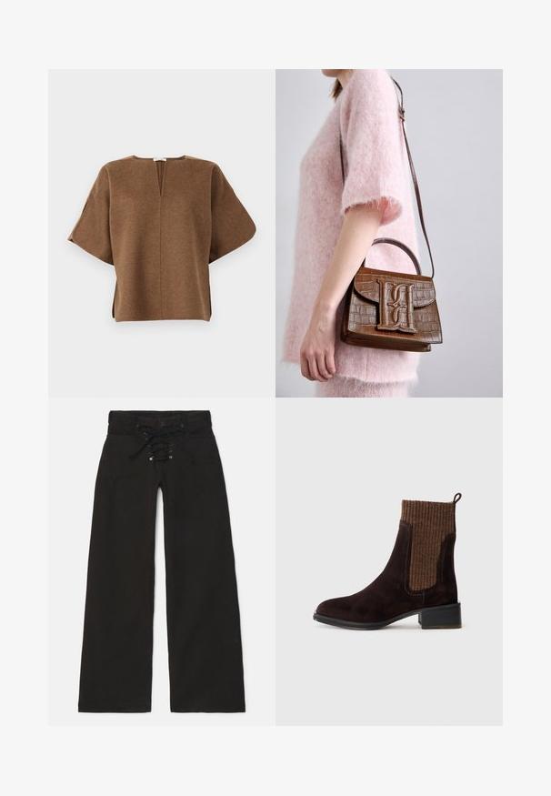 Top de mezcla de lana marrón con un corte relajado, mangas anchas, escote en V y cortes laterales para facilitar el movimiento. Textura suave, diseño minimalista.; Pantalones de pierna ancha negros con una cintura alta, que cuentan con un cierre frontal con cordones y botón a presión. Hechos de denim con una textura suave.; Botín de ante marrón con parte superior de punto acanalado texturizado en marrón, acabado suave, tacón bajo en bloque y una lengüeta en el talón para facilitar su uso.; Bolso de mano marrón con estampado de cocodrilo, que incluye un asa superior y una correa para el hombro. Presenta un logo prominente en la solapa frontal. Textura suave.