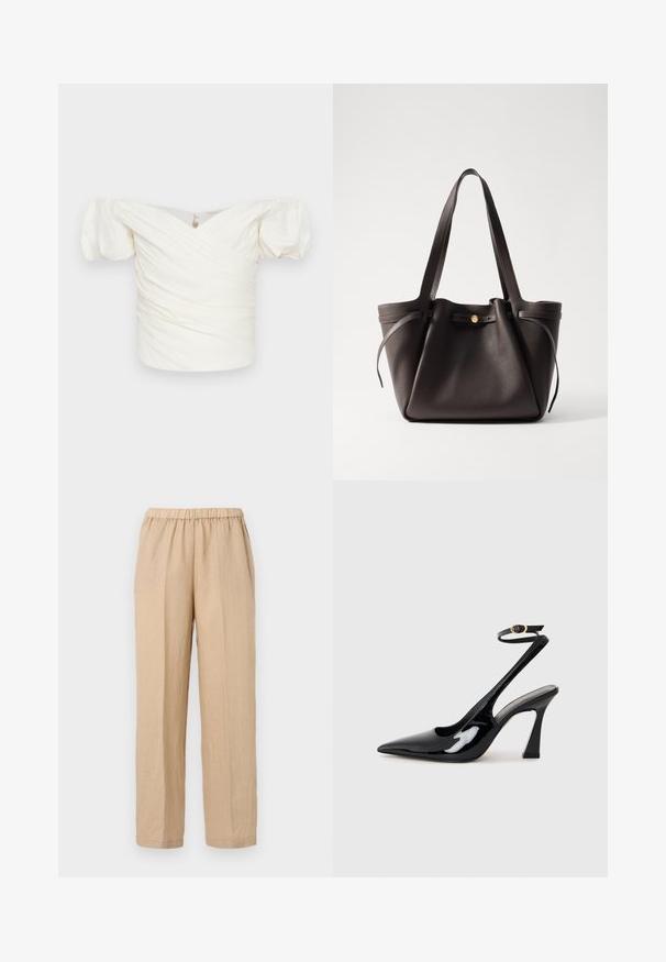 Blouse blanche à épaules dénudées avec des manches bouffantes, présentant un tissu froncé et un design croisé à l'avant. Texture lisse, détails minimaux.; ASPESI PANTALONE - Pantalon classique - sabbia/sand; Escarpins noirs en cuir verni avec un bout pointu, sangle ajustable à la cheville et un talon bloc modéré. Texture lisse avec finition brillante.; Sac en cuir brun foncé avec deux poignées solides, un haut resserré et une fermeture à bouton doré. Surface texturée avec des accents minimaux.