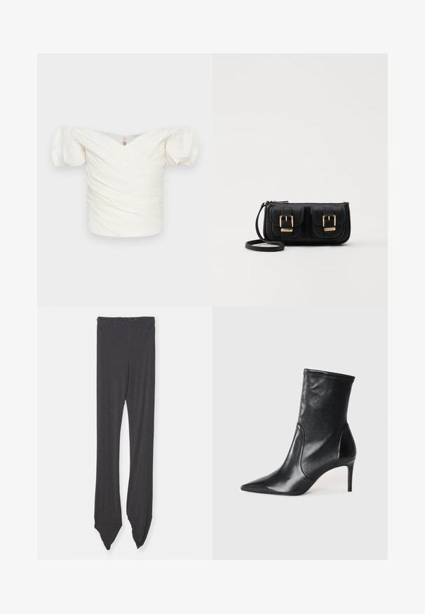 Biała bluzka na jedno ramię z bufkami, z marszczonym materiałem i skrzyżowanym przodem. Gładka tekstura, minimalistyczne detale.; Ciemnoszare legginsy wykonane z miękkiego materiału, z szerokim pasem w talii i zwężającymi się końcówkami, które są spiczaste. Design jest gładki, bez wzorów.; Czarne botki do kostki wykonane z gładkiej skóry, z ostrym noskiem, dopasowaną cholewką i smukłym wysokim obcasem. Minimalistyczny design bez widocznych elementów metalowych.; Czarna skórzana torba na ramię z dwoma przednimi kieszeniami, złotymi klamrami, zamkiem błyskawicznym i cienkim paskiem. Teksturowana powierzchnia i kompaktowy prostokątny kształt.