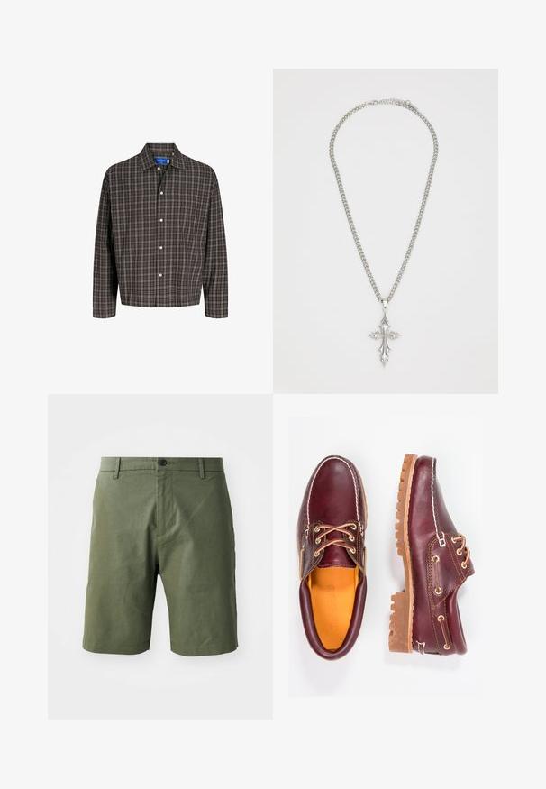 Brūns un melns svītrainais krekls ar pogām uz apkakles un vienu krūšu kabatu, attēlots frontāli uz balta fona.; Olive zaļas šorti, kas izgatavoti no viegla auduma, ar līdzenu priekšpusi, jostu cilpiņām un vienas pogas aizdari jostasvietā.; Burgundijas krāsas ādas apavi ar brūniem gumijas zole, apaļiem purngalu, baltu šuvumu un zelta caurumiem. Iekšpusei ir dzeltena oderējums.; Sudraba ķēdes kaklarota ar lielu, izsmalcinātu krusta piekari, kam ir asie akcenti un spīdīga apdare. Ķēde ir bieza un plakana.