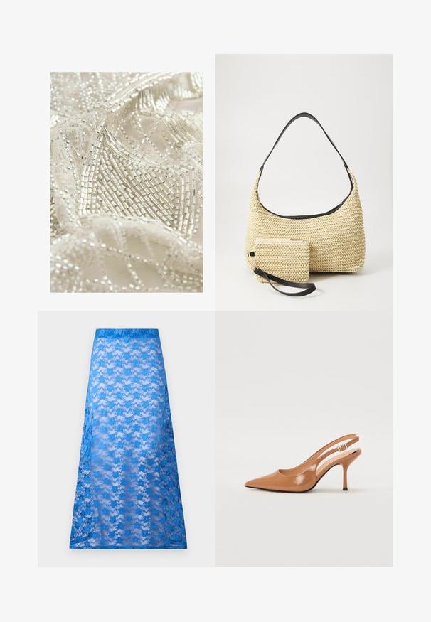 Helmeed lace kangas sisaldab keerukat hõbedast helmestikku kreemivalgel taustal, esitledes tekstuurset, kihilist disaini geomeetriliste mustritega.; Sinine pitsist maxi seelik, millel on läbipropa tekstuur, lilleline muster ja ühtlane sinine vöökoht. Voogab sujuvalt puusadest allapoole.; Küüntega slingback konts, mis on valmistatud siledast ja läikivast tan värvi materjalist. Omab kaarjat lõigatud disaini ja õhukest stiletto kontsa. Hõbedane pandla detail.; Kootud õlekott, millel on kõver siluett, ja sile must nahkrihm ning sobiv väike kott, mis on kinnitatud randme rihmaga.