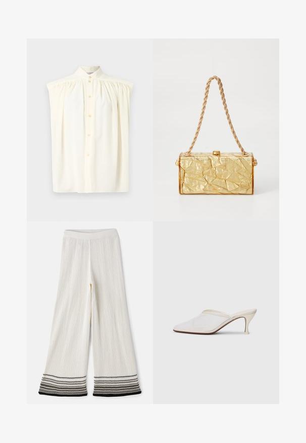 Crèmekleurige mouwloze blouse met een hoge hals, knoopsluiting en geplooide details op de schouders. Soepele stoftextuur.; Crème ribgebreide broek met een textuur. De zoom heeft gelaagde zwart-witte strepen. Elastische tailleband voor een comfortabele pasvorm.; Witte mesh puntige muiltjes met een slanke hak van middelgrote hoogte en een slip-on ontwerp, tegen een effen achtergrond.; Gouden handtas met gekreukt textuur en een rechthoekige vorm, voorzien van een kettingriem en een sluiting bovenop. Gladde, glanzende afwerking.
