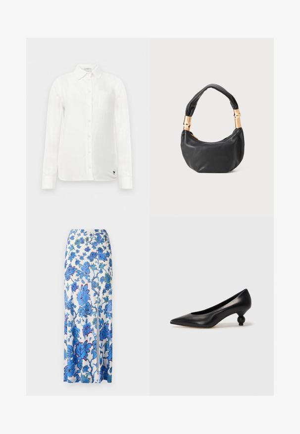 Vit långärmad skjorta med knapp-ned krage, en enda bröstficka och subtilt texturerad tyg. Har detaljer med svart broderad logga.; Maxikjol i vitt tyg med blå blommönster. Har en sidoslits och en mjuk, lätt textur.; Svart läderhögklackad sko med spetsig tå och rund, bollformad klack. Slät yta med en elegant, minimalistisk design.; Svart läderhandväska med rund form, mjuk textur och ett knuthandtag med detaljer i guldfärg. Dragkedjestängning.