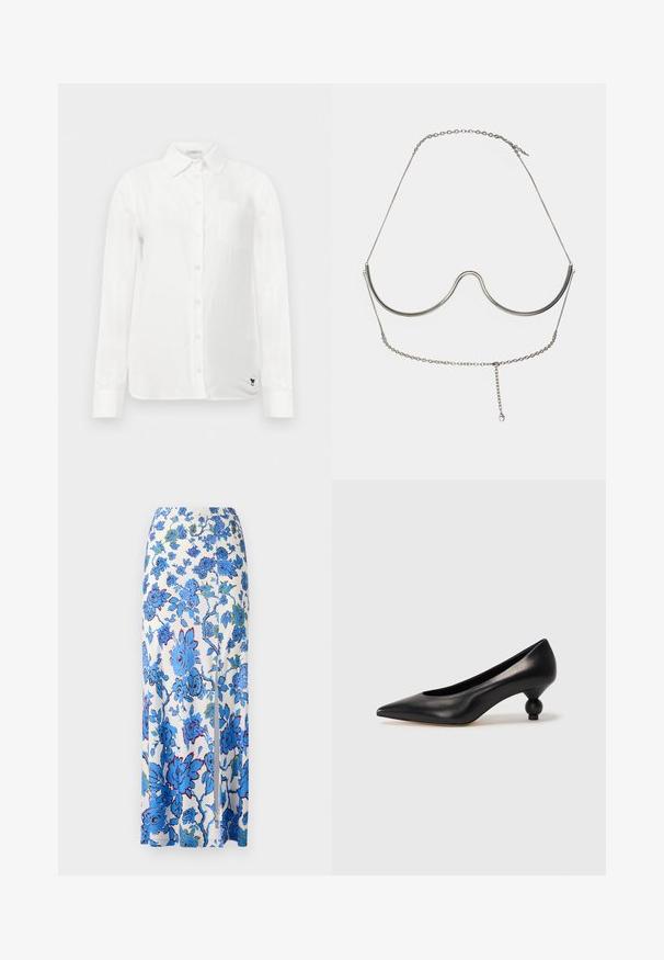 Weiße Langarmbluse mit Button-Down-Kragen, einer einzelnen Brusttasche und einem subtil strukturierten Stoff. Mit schwarzem gesticktem Logo-Detail.; Maxi-Rock aus weißem Stoff mit blauem Blumenmuster. Verfügt über einen seitlichen Schlitz und eine glatte, leichte Textur.; Schwarze Leder-Pumps mit spitzem Zehenbereich und runder, ballförmiger Ferse. Glatte Textur mit einem eleganten, minimalistischen Design.; Cult Gaia ASHA BODY JEWELRY - Sonstige Accessoires - bright shiny silver-coloured