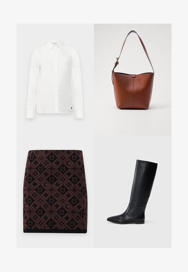 Balta ilga rankovė marška su mygtukų-apykakle, vienu krūtinės kišeniu ir subtiliu tekstūruotu audiniu. Papuošta juodu siuvinėtu logotipu.; Megztas sijonas su geometriniu juodos ir rudos spalvos raštu, įvairiomis simbolėmis, prigludusia forma ir juodu juosmeniu apačioje.; Juodas odinis iki kelių batas su smailiu pirštu ir minimalistišku dizainu. Atsparus paviršius ir plokščias padas, su diskretiškai siuvinėtomis detalėmis šonuose.; Ruda odinė petinė rankinė su kreivam formu, lygia tekstūra ir viena plona juosta. Yra švelni siūlė ir mažas logotipo elementas.