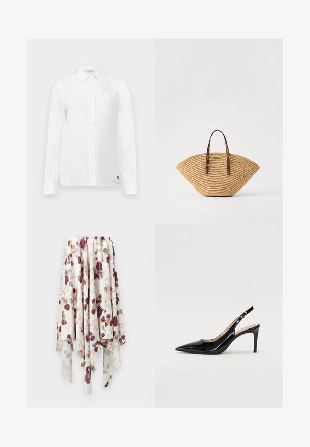 Camicia bianca a maniche lunghe con colletto button-down, una tasca sul petto e tessuto leggermente strutturato. Presenta un dettaglio del logo ricamato in nero.; Gonna con orlo a fazzoletto bianco con stampa floreale ad acquerello in marrone, grigio e arancione, dotata di una vita elasticizzata.; Pumps slingback in pelle verniciata nera con punta affilata, tacco sottile e un design con ritagli delicati. Caratterizzate da una fibbia dorata sul cinturino.; Borsa in paglia a forma di ventaglio, con manici in pelle marrone e una trama testurizzata. Colore naturale tan con superficie liscia e dettagli di accentuazione minimi.
