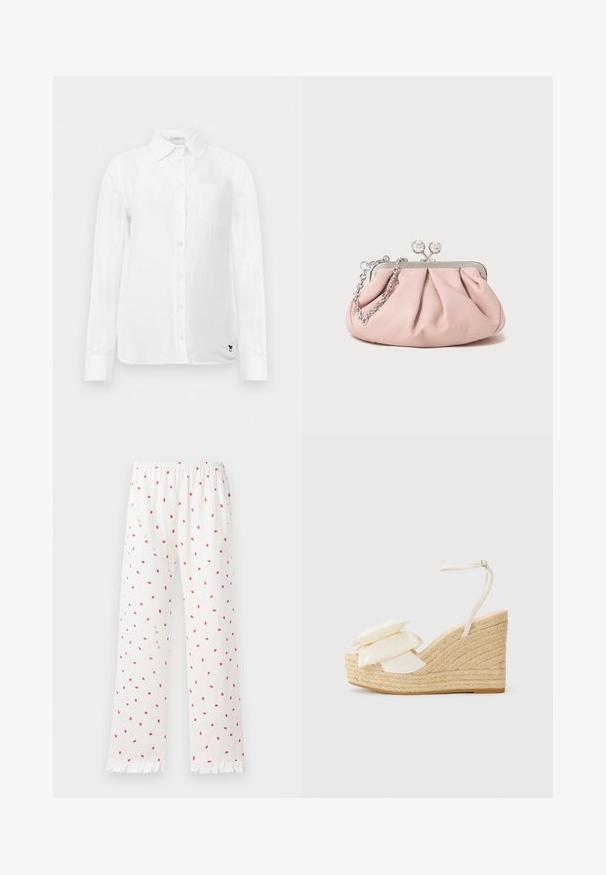 Balta ilga rankovė marška su mygtukų-apykakle, vienu krūtinės kišeniu ir subtiliu tekstūruotu audiniu. Papuošta juodu siuvinėtu logotipu.; Baltos pižaminės kelnės su mažais raudonais braškių raštais, elastine juosmens juosta ir raukšlėtu apačia. Medžiaga atrodo minkšta ir lengva.; Kampanėlės sandalai su natūralaus jute platforma, kreminės spalvos audinio viršumi ir dviem sluoksniais gėlių akcentų; turi ploną kulkšnies dirželį su sagtimi.; Rožinė odinė rankinė su surinkta forma, metaliniu rėmu, dviem apvaliais užsegimais ir sidabrine grandinėlės dirželiu. Lygus paviršius, kompaktiška forma.