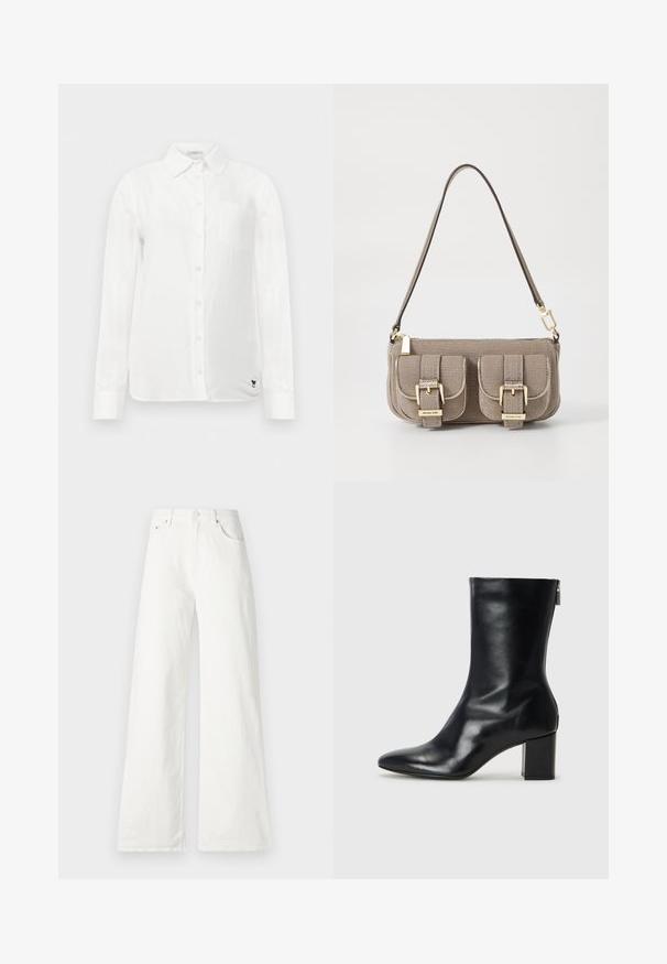 Balta ilga rankovė marška su mygtukų-apykakle, vienu krūtinės kišeniu ir subtiliu tekstūruotu audiniu. Papuošta juodu siuvinėtu logotipu.; Baltos plačios džinsinės kelnės, pagamintos iš džinsinio audinio, su aukštu liemeniu, penkių kišenių dizainu ir mygtukų uždarymu priekyje. Lygus paviršius.; Juodų odinių kulkšninių botų su smailiu nosiu ir 4 cm pločio bloku. Išskirtinis dizainas pasižymi šoniniu užtrauktuku, leidžiančiu lengvai apsiauti. Lygi tekstūra.; Šviesiai ruda tekstūruota rankinė su reguliuojama petneša, dviem priekiniais kišenėmis, užsegamomis sagtimis, ir auksiniais aksesuarais. Uždarymas užtrauktuku viršuje.