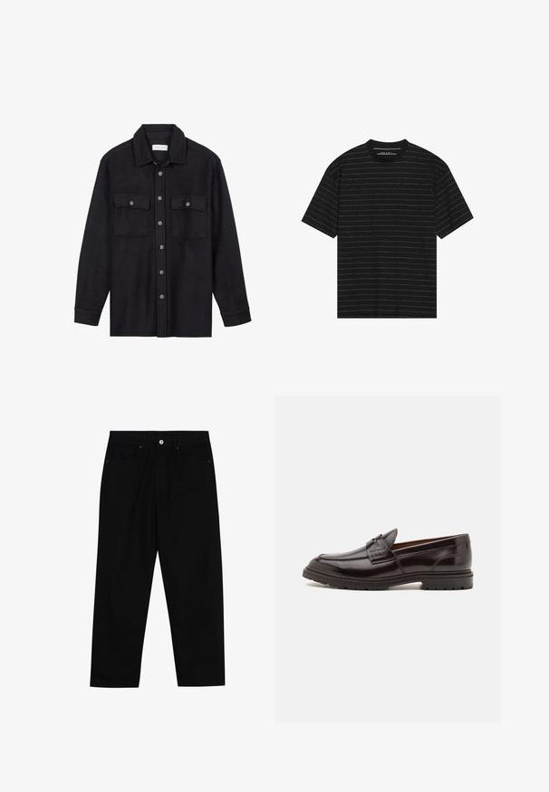 Zwarte wollen overhemdjack met een kraag, sluiting met knopen aan de voorkant, twee borstzakken en lange mouwen. Zachte textuur, geen zichtbare patronen.; Zwarte t-shirt met korte mouwen en smalle witte horizontale strepen. Gemaakt van zachte stof met een ronde hals en een relaxte pasvorm.; Zwarte denim broek met een recht gesneden pasvorm, vijf gebruikersvriendelijke zakken en een sluiting met een knoop aan de voorkant. Soepele textuur met minimale stikdetails.; Zwarte leren instappers met een slank bovenwerk, voorzien van een verhoogde stiknaad en een gestructureerde band aan de voorkant. Rubberen zool met grip.