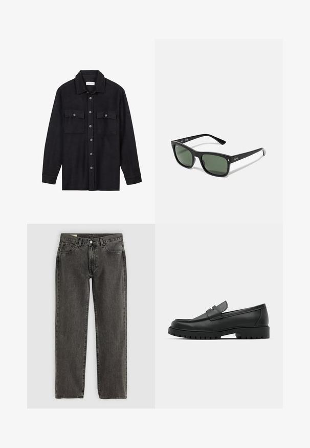 Black wool shirt jacket with a collar, front button closure, two chest pockets, and long sleeves. Soft texture, no visible patterns.; White cotton t-shirt with short sleeves, crew neckline, and a relaxed fit. Smooth texture with no visible patterns or accents.; Black faded straight-leg jeans with five pockets, button closure, and belt loops, laid flat on a white background.; Black leather loafers with a rounded toe, featuring a stitched design, low platform sole, and a textured, lugged rubber outsole.; Black rectangular sunglasses with dark green lenses, made of plastic, featuring metal detailing near the lenses and brand logo on the temple.