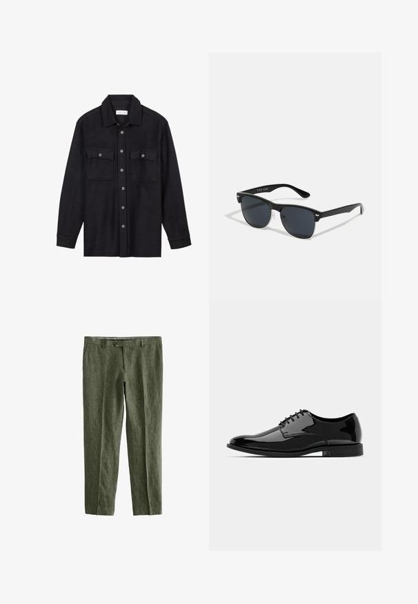 Zwarte wollen overhemdjack met een kraag, sluiting met knopen aan de voorkant, twee borstzakken en lange mouwen. Zachte textuur, geen zichtbare patronen.; Next SIGNATURE - REGULAR FIT - Broek - olive green; Zwarte gepatineerde leren jurkchoenen met een ronde neus, vetersluiting en een glad, glanzend oppervlak. Voorzien van een laagprofiel rubberen zool.; Zwarte zonnebril met een rechthoekige vorm, donkere lenzen, zilveren accenten bij de slapen en een matte afwerking op het montuur.