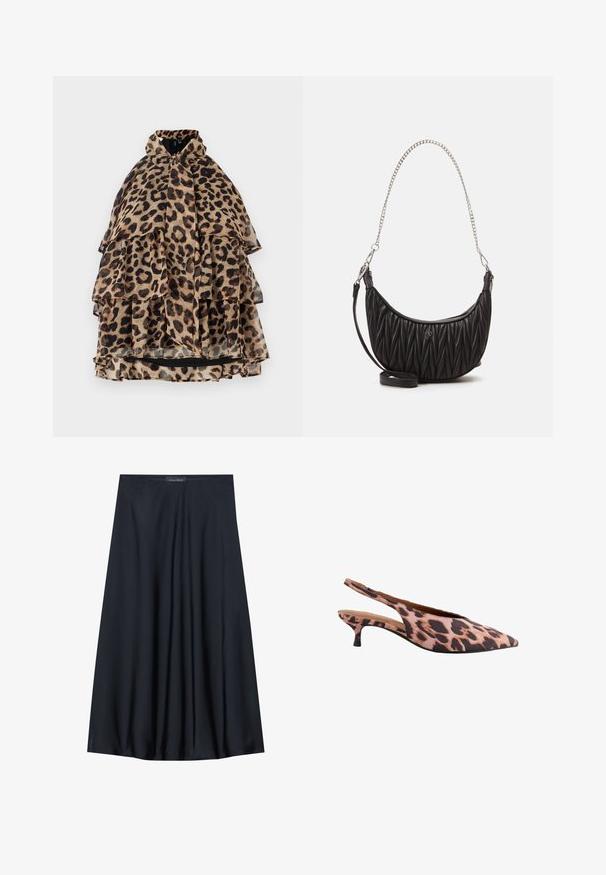 Cape superposé imprimé léopard avec col montant, tissu transparent, étages froncés et doublure noire. La palette de couleurs se compose de beige, marron et noir.; Jupe noire, arrivant aux genoux, en tissu léger avec un design fluide. Présente une texture lisse et de subtils plis pour un détail supplémentaire.; Chaussure à talon slingback imprimé léopard, avec un bout pointu, un petit talon et un tissu texturé. La palette de couleurs comprend des nuances de rose et de marron foncé.; Sac à main en simili cuir noir avec texture matelassée, forme courbée, bandoulière en chaîne argentée et un petit accent de logo à l'avant.; Montre-bracelet rectangulaire dorée avec un cadran blanc, des index horaires argentés et un bracelet en métal durable. Fonction étanche incluse.