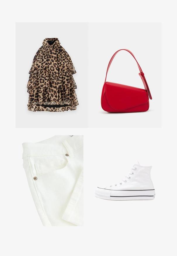 Cape superposé imprimé léopard avec col montant, tissu transparent, étages froncés et doublure noire. La palette de couleurs se compose de beige, marron et noir.; Jean en denim blanc à la texture lisse, avec une taille à double couture, des poches frontales et des accents en métal.; Baskets montantes en toile blanche avec semelle en caoutchouc noir, capuchon en caoutchouc à l'avant, et six œillets pour les lacets, présentant un design épuré et minimaliste.; Sac à main en cuir rouge avec un design angulaire et géométrique. Il dispose d'une seule sangle ajustable et d'une fermeture à rabat avec un detailing cousu.