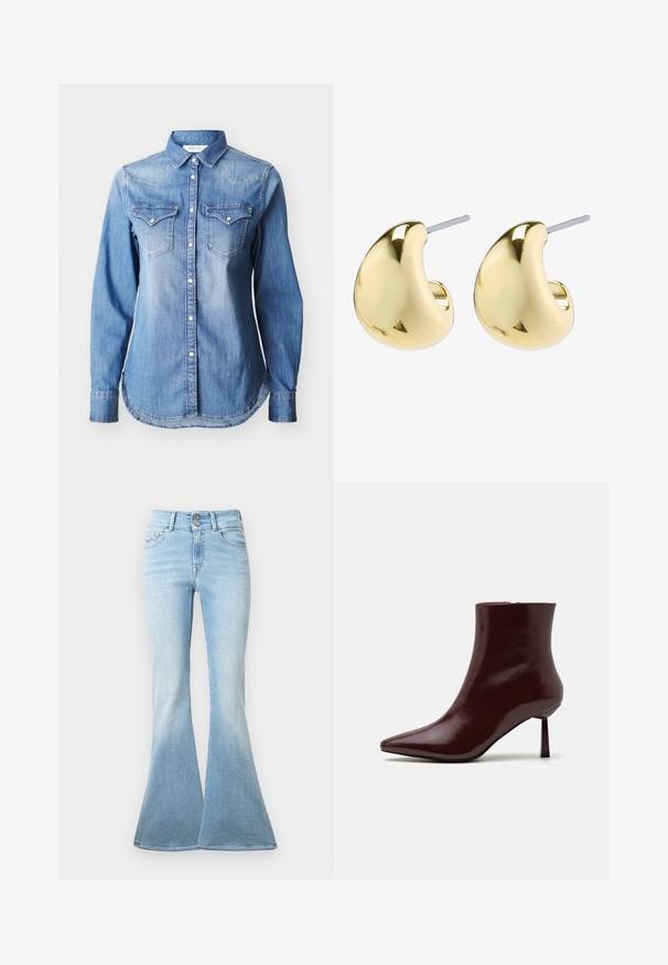 Replay Bluza z gumbi - medium blue; Svetlo modri razširjeni kavbojki iz denima. Imajo visok pas z dvema gumboma in rahlim zbledeljem proti robu. Klasična zasnova s petimi žepi.; Burgundska patentna kožna gležnjarja s koničastim nosom in ozko špicasto peto, s gladko, sijočo teksturo in minimalističnim dizajnom.; Zlate uhane z gladko, zaobljeno obliko, ki imajo odsevnico in zatič, kar zagotavlja varno nošenje.