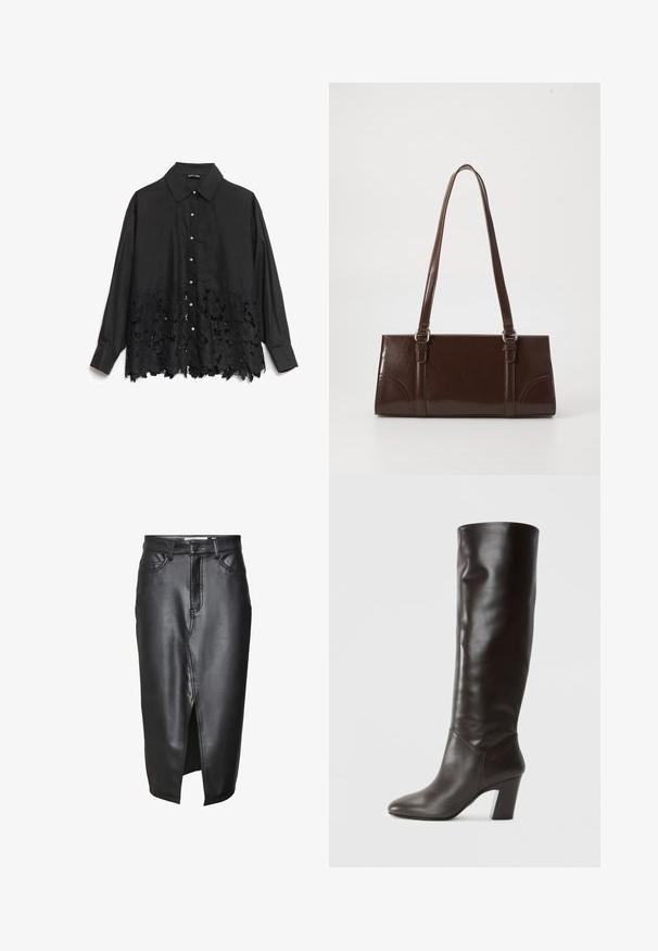 Mustmustelane särk, millel on sujuv ülemine osa ja pitsäär floralise mustriga. Krae on struktureeritud ning esiüles on pärli-taolised nööbid.; Musträhe nahkseelik keskmise pikkusega, ees lõhiku, klassikaliste vööluudade ja õmblustel tikanditega.; Knee-high, tumed pruunist nahast saapad, mille pinnal on sile tekstuur, terav nina ja paks konts. Küljel on bränditud detailid.; Pruun läikiv naha käekott, millel on ristkülikuline kuju, kaks pikka käepidet ja esipaneelil peened kõverad aktsendid.