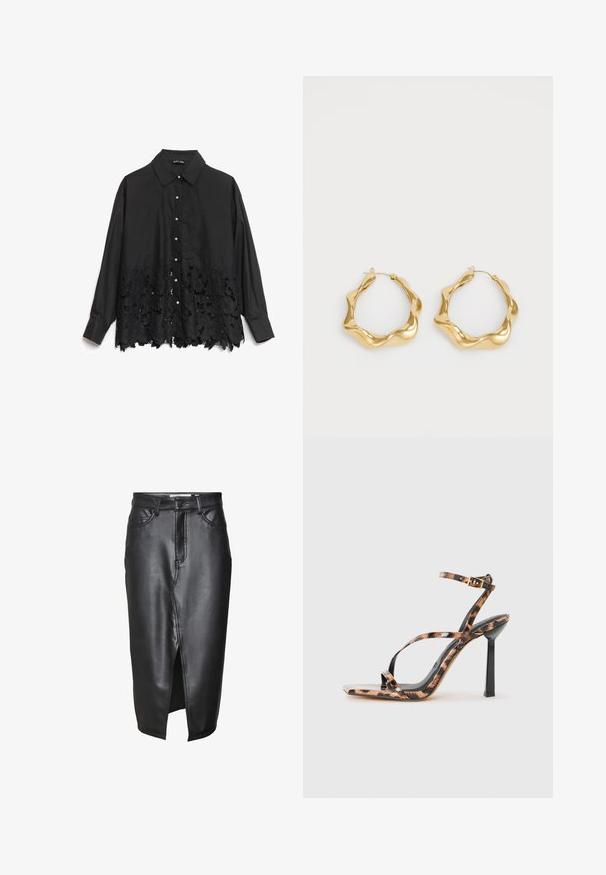 Juodas marškinėlių mygtukų modelis, kuriame viršutinė dalis yra lygi, o apatinė dalis puošta nėriniu su gėlėmis. Apykaklė struktūrizuota, o priekyje yra perlų tipo mygtukai.; Juoda odinė sijonas su vidutinio ilgio dizainu, turintis priekį skilimo, klasikinius diržo kilpos ir siuvinėtas detalės palei siūles.; Diržiniai aukštakulniai sandalai su kvadratiniu pirštu, kuriuose yra leopardų rašto modelis rudos ir juodos spalvų tonais su blizgiu paviršiumi.; Auksiniai žiediniai auskarai su banguotu, tekstūruotu dizainu. Turintys ploną vielinį užsegimą ir poliruotą, atspindinčią paviršių.