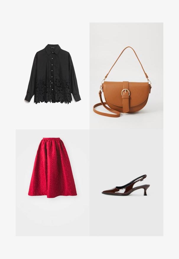Fekete ing, sima felső résszel és csipkebetéttel, virágmintázattal. A gallér merev, gyöngyszerű gombokkal az elülső részen.; Piros, bokáig érő szoknya, összegyűrt, elasztikus derékrésszel, amelyen textúrázott virágmintázat található.; Barna lakkbőr slingback cipő hegyes orral és mérsékelt sarkal. Biztonságos illeszkedést biztosító csattal rendelkezik. Sima textúra.; Barna bőr keresztbody táska ívelt formával, aranyszínű fémrészekkel és csat díszítéssel. Levehető vállpánttal rendelkezik.