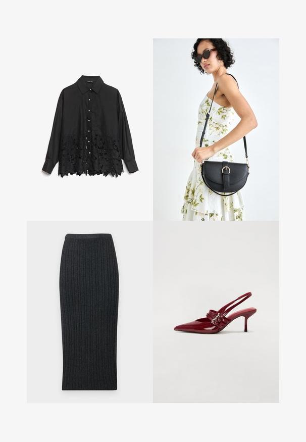 Fekete ing, sima felső résszel és csipkebetéttel, virágmintázattal. A gallér merev, gyöngyszerű gombokkal az elülső részen.; Sötét szürke bordázott kötött midi szoknya, testhez simuló siluettel és rugalmas derékkal. Vertikális bordázatával textúrát ad a szoknyának.; Piros lakkbőr slingback sarokcipő, hegyes orral, két csatoló pánttal és vékony, közepes magasságú stiletto sarokkal. Simább textúrájú.; Fekete bőrtáska ívelt formával, levehető pánttal és arany színű fémrészekkel. A táskán egy csattal díszített fedél található.