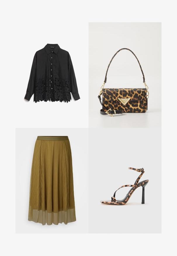 Svart skjorte med knapper som har en glatt overdel og en blondekant med blomstermerker. Kragen er strukturert, med perle-lignende knapper foran.; Fure pleated olivengrønn skjørt med en solid linning og en gjennomsiktig nederste lag. Har vertikale folder over hele lengden.; Sandaler med høye hæler og stropper, med firkantet tå, med et leopardmønster i nyanser av brunt og svart på en glanset overflate.; Leopardmønstret håndveske i teksturert faux skinn, med en gullfarget trekantet aksent og en avtagbar skulderrem.; Gullde hoop øredobber med en bølgete, teksturert design. Har en tynn trådåpning og en polert, reflekterende overflate.