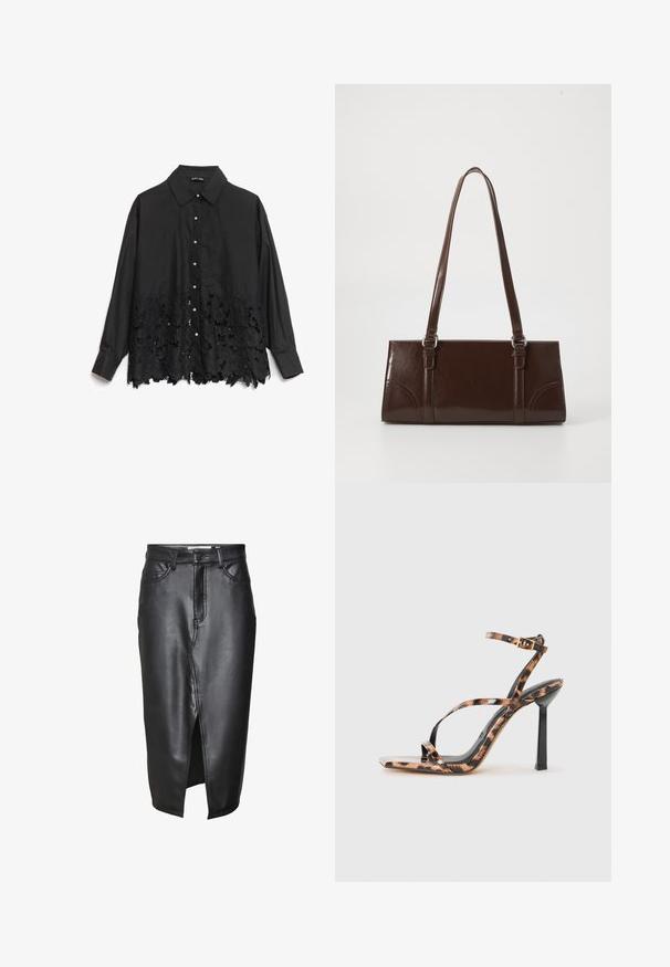 Musta nappikauluspaita, jossa on sileä yläosa ja pitsiyksityiskohta kukkakuviolla. Kaulus on jämäkkä, ja edessä on helmimäiset nappiratkaisut.; Musta nahkahame, jossa on keskikokoisen pituuden muotoilu, jossa on edessä halkio, klassiset vyölenkit ja ommeltu yksityiskohtia saumoissa.; Korkokenkä, jossa on nauhoja, neliönmuotoinen varvas ja leopardikuosi ruskean ja mustan sävyissä kiiltävässä pinnassa.; Ruskea patentoitu nahkalaukku, jossa on suorakaiteen muotoinen malli, kaksi pitkää kantohihnaa ja hienovaraiset kaarevat yksityiskohdat etuosassa.