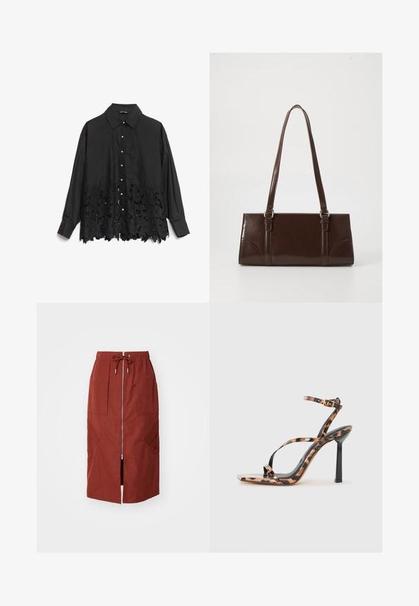 Cămașă neagră cu nasturi, având partea superioară netedă și o margine din dantelă cu modele florale. Gulerul este structurat, cu nasturi asemănători cu perlele pe partea din față.; Fustă până la jumătatea tibiei, de culoare roșie teracotă, cu fermoar la front, talie elastică cu șnur și buzunare laterale cu un design geometric.; Sandale cu toc înalt, cu bretele, având vârful pătrat și un model cu imprimeu leopard în nuanțe de brun și negru, cu o finisare lucioasă.; Geantă din piele patent maro, cu o formă rectangulară, două mânere lungi și accente ușor curbe pe față.