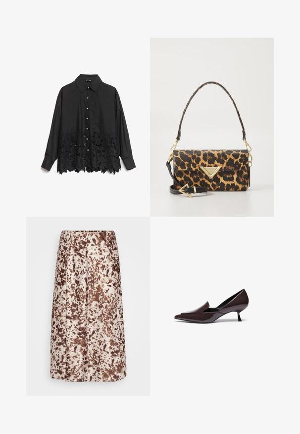 Fekete ing, sima felső résszel és csipkebetéttel, virágmintázattal. A gallér merev, gyöngyszerű gombokkal az elülső részen.; Hosszú szoknya sima anyagból, krémszínű alappal, barna, fröccsöntött mintákkal. Rugalmas derékbőség a kényelemért.; Sötétbarna lakkbőr, hegyes orrú magassarkú cipők, amelyek alacsony stiletto sarkúak és karcsú sziluettjük van, enyhén megemelt lábfejrésszel.; Leopárdmintás kézitáska texturált műbőrből, aranyszínű háromszög díszítéssel és levehető vállpánttal.; Arany fülbevalók hullámos, texturált formával. Finom drótzárral rendelkezik, és fényes, tükröződő felülete van.