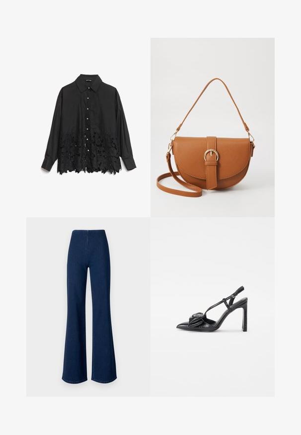 Svart skjorte med knapper som har en glatt overdel og en blondekant med blomstermerker. Kragen er strukturert, med perle-lignende knapper foran.; Mørkeblå svingbukser laget av denim med elastisk midje. Har en glatt tekstur og bred ben-design som strekker seg til kanten.; Sorte høyhælte sko med spiss tå, glatt tekstur, tynne stropper og en dekorativ plissédetalj foran.; Brun lærcrossbody-veske med en buet form, gullhardware og et spenneakcent. Har en avtakbar skulderreim.