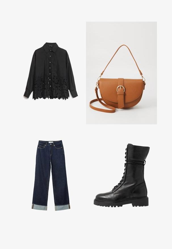 Černá košile s knoflíky s hladkou horní částí a krajkovým lemem s květinovými vzory. Límec je strukturovaný a po celé délce je olemován perlovými knoflíky.; Tmavě modré kalhoty s širokými nohavicemi a vysokým pasem, s ohrnutými manžetami, kontrastním prošíváním a pěti kapsami. Vyrobené z denimové tkaniny.; Černé kožené bojové boty s texturovaným povrchem, designem do výše kolen, šněrováním v přední části a masivní gumovou podrážkou s drážkovaným vzorem.; Hnědá kožená křížová taška s zakřiveným tvarem, zlatými detaily a akcentem s přezkou. Obsahuje odnímatelný popruh na rameno.