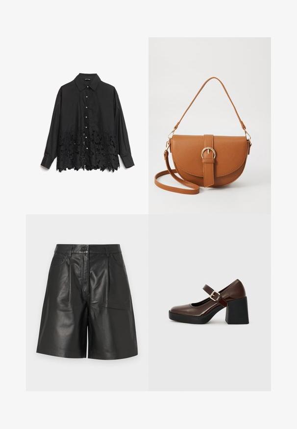 Čierna košeľa na gombíky s hladkým horným polom a čipkovým lemom s kvetinovými vzormi. Golier je štruktúrovaný a má perlové gombíky po celej dĺžke.; Čierne kožené šortky s hladkou textúrou, s predným zapínaním na gombík, dvoma vreckami a upraveným rovnomerným strihom.; Hnedé lakované Mary Jane topánky s blokovým podpätkom, s prackou a okrúhlou špičkou, umiestnené na textúrované čiernej podrážke.; Hnedá kožená kabelka cez telo s zakriveným tvarom, zlatými kovovými doplnkami a akcentom s prackou. Obsahuje odnímateľný ramenný popruh.