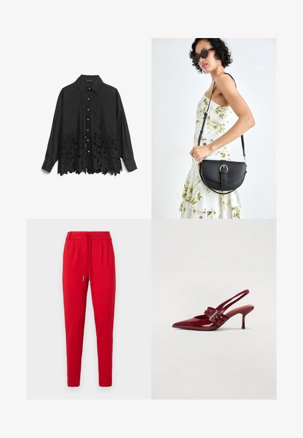 Zwart overhemd met knopen, met een glad bovenstuk en een kanten zoom met bloemmotieven. De kraag is gestructureerd, met parelachtige knopen aan de voorkant.; Rode, taps toelopende broek met een trekband en plooien aan de voorkant, weergegeven op een witte achtergrond.; Rode gepatenteerde leren slingbackhakken met een spitse neus, twee gespsluitingen en een slanke, middelhoge stilettohak. Glad textuur.; Zwarte leren handtas met een gebogen vorm, afneembare schouderband en gouden hardware. De tas heeft een klep met een gespsluiting.