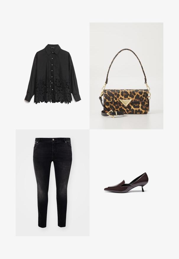 Camisa negra de botones con la parte superior lisa y un dobladillo de encaje con patrones florales. El cuello es estructurado, con botones de aspecto perlado en la parte delantera.; Jeans de mezclilla negra con un ajuste slim, diseño de cinco bolsillos, cierre de botón y un ligero desgaste para darle textura. Estilo minimalista, sin patrones visibles.; Zapatos de tacón con punta afilada en piel sintética marrón oscuro con un tacón stiletto bajo y una silueta elegante, que presentan un empeine ligeramente elevado.; Bolso de mano de estampado de leopardo en piel sintética texturizada, con un acento triangular en tono dorado y una correa de hombro desmontable.; Pendientes de aro de oro con un diseño ondulado y texturizado. Cuentan con un cierre de alambre delgado y una superficie pulida y reflectante.