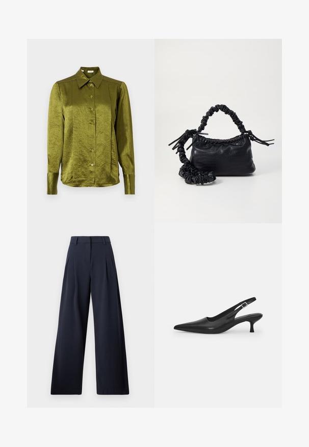 Olíva zöld, hosszú ujjú, gombos blúz hegyes gallérral és enyhén fényes, texturált anyaggal, sima háttér előtt.; Tengerészeti kék, széles szárú nadrág sima textúrával, elöl boxos redőkkel és klasszikus derekú fazonnal, amely a laza illeszkedést célozza meg.; Fekete bőr szandálcipő hegyes orral és karcsú, ívelt sarokkal. Diszkrét, állítható pánttal rendelkezik, fém csattal.; Fekete műbőr kézi táska krokodil bőr textúrával, összehúzható tetejű és gyűrt pánttal. Lágy és kompakt dizájnúnak tűnik.