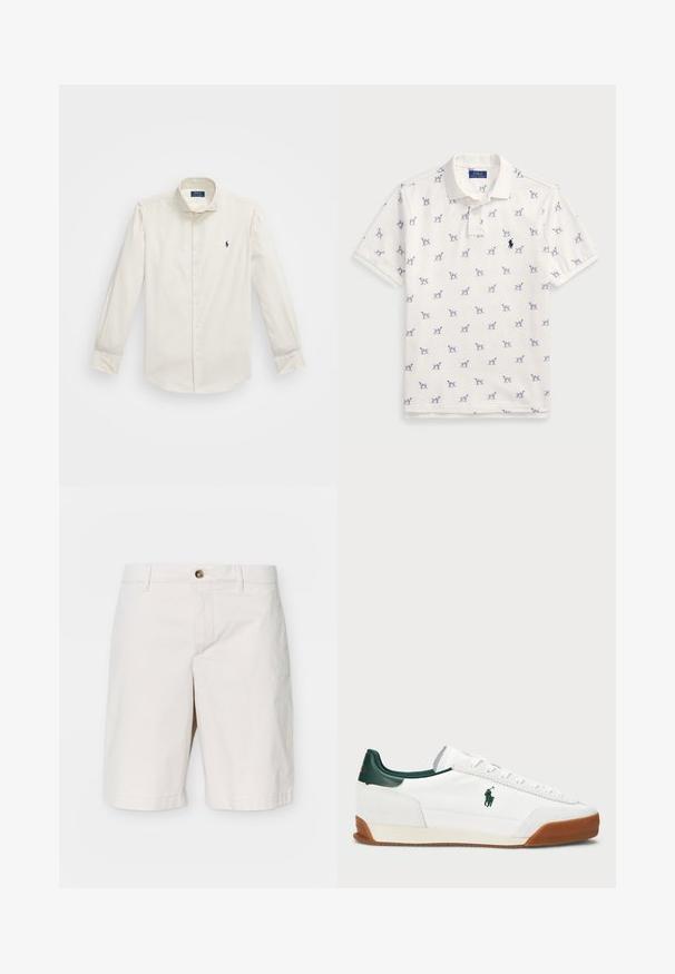Biela dlhá košeľa s dlhým rukávom vyrobená z bavlny, s golierom na gombíky, jednou náprsní kapsou a malým námorným logom na ľavej strane.; Biely polo tričko vyrobené z bavlny, s opakujúcim sa modrým vzorom psíka a malým modrým logom na hrudi. Krátke rukávy a golier.; J.LINDEBERG SHANE CLOUD - Šortky - moonbeam; Biele tenisky s zelenými koženými akcentmi a hnedou gumovou podrážkou. S tkaninovým telom a výrazným logom na boku. Šnurovanie.