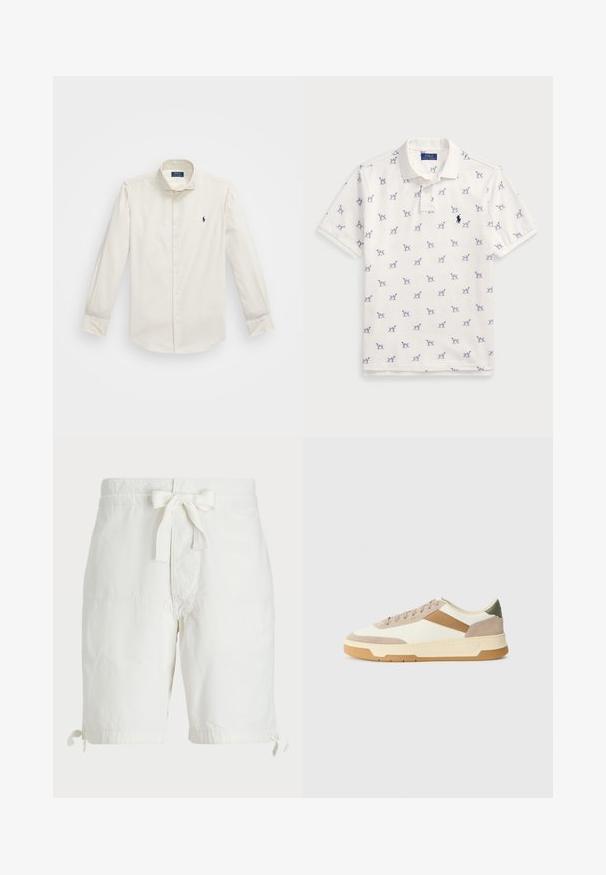 Biela dlhá košeľa s dlhým rukávom vyrobená z bavlny, s golierom na gombíky, jednou náprsní kapsou a malým námorným logom na ľavej strane.; Biely polo tričko vyrobené z bavlny, s opakujúcim sa modrým vzorom psíka a malým modrým logom na hrudi. Krátke rukávy a golier.; Biele bavlnené šortky s náťahovou šnúrkou v pase, obrobené na okrajoch so šnúrkami a plochými prednými vreckami. Hladká, ľahká textúra látky.; Tenisky v béžovej, krémovej a olivovo zelenej farbe, vyrobené zo semišu a kože, s okrúhlou špičkou, minimalistickým dizajnom a gumovou podrážkou.
