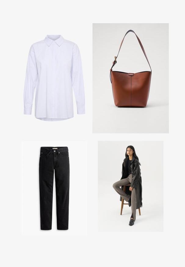 Hosszú ujjú, gombos ing világoskék és fehér csíkokkal. Klasszikus gallérral és kényelmes, íves aljjal rendelkezik.; Fekete egyenes szabású farmernadrág, gombos és cipzáras záródással, övhurkokkal, valamint elülső és hátsó zsebekkel, fehér háttéren laposan elhelyezve.; Fekete bőr trench coat, gombokkal és öv részletekkel, világosbarna, testhez simuló nadrággal és fekete loaferekkel párosítva, fa bárszéken ülve.; Barna bőr válltáska ívelt formával, sima felülettel és egy vékony pánttal. Diszkrét varrással és kis logóval rendelkezik.