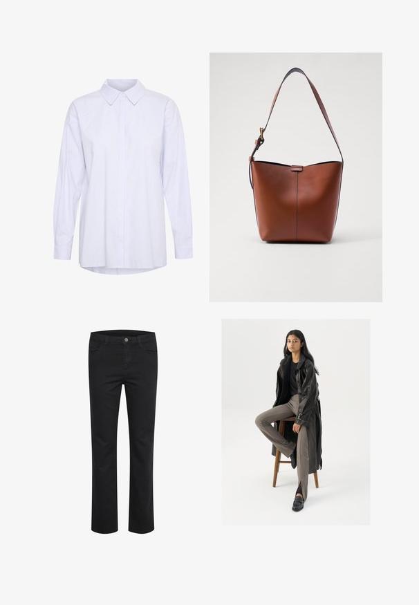 Lange mouwen, knoopsluiting shirt in lichtblauw en witte strepen. Heeft een klassieke kraag en een relaxed fit met een gebogen onderrand.; Zwarte denim broek met een rechte pasvorm, voorzien van twee voorkruiszakken en een enkele metalen knop aan de tailleband. Gladde textuur.; Zwarte leren trenchcoat met knopen en riemdetails, gecombineerd met lichtbruine getailleerde broek en zwarte loafers, zittend op een houten kruk.; Bruine leren schoudertas met een gebogen vorm, gladde textuur en een enkele dunne schouderband. Heeft een subtiele naad en een klein logo-detail.