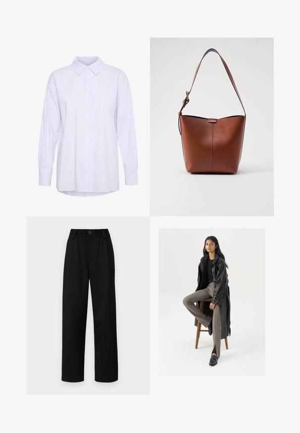 Dlouhý rukáv, button-up košile v světle modrých a bílých pruzích. Má klasický límec a uvolněný střih s zakřiveným lemem.; Černé kalhoty s širokými nohavicemi a texturovaným pasem, s předním zapínáním na knoflík a dvěma bočními kapsami. Hladká tkanina a úhledný design.; Černý kožený trenčkota s knoflíky a detailem pásku, kombinovaný s světle hnědými úzkými kalhotami a černými mokasínami, sedící na dřevěném stoličce.; Hnědá kožená taška přes rameno s zakřiveným tvarem, hladkou texturou a jedním tenkým popruhem. Obsahuje jemný šev a malý detail loga.
