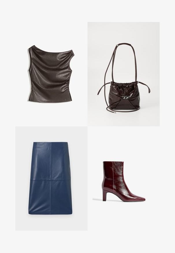 Epämääräinen, yksiolkaiminen yläosa tummanruskeasta tekonahasta; rypistetty sivuyksityiskohta; sileä pinta, jossa on kevyt kiilto; vartaloa myötäilevä malli.; Laivastonsininen nahkainen kynähame, jossa on sileä, kiiltävä pinta. Hameessa on yksinkertainen, virtaviivainen muotoilu ja suora leikkaus. Ei näkyvää metalliosaa.; Burgundi nahkasaappaat, joissa on terävä kärki, tyylikäs muotoilu ja keskikokoinen lohkoakkur. Tasainen pinta ja vähäiset sauman yksityiskohdat.; Tummanruskea kiiltävä nahkainen olkalaukku, jossa on riiputtava yläosa ja ohut säädettävä olkahihna. Edessä on pieni hopeanvärinen sulkija.