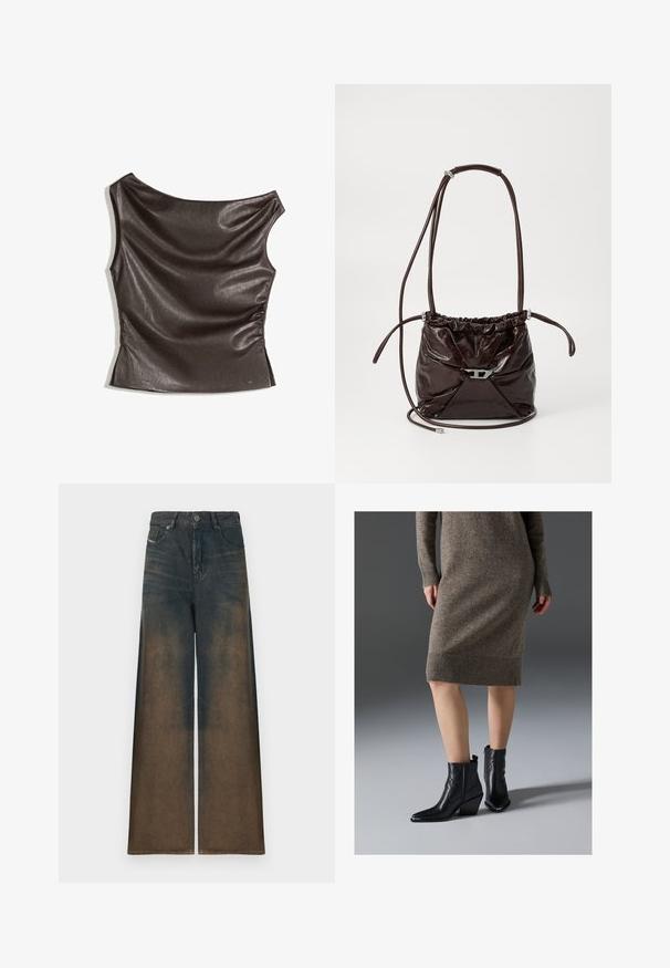 Asymetryczny top na jedno ramię w ciemnym brązowym ekologicznej skórze; marszczony detal po bokach; gładka textura z delikatnym połyskiem; dopasowany krój.; Jeansy typu wide-leg w ciemnym denimu, z gradientowym przejściem od ciemnego do jasnobrązowego, z klasycznym pięciokomorowym wzorem i metalowym zapięciem na guzik.; Czarne skórzane botki za kostkę z ostrym noskiem, masywnym obcasem i detalami w postaci zygzakowatego szwu, połączone z brązową dzianinową sukienką o prążkowanej fakturze.; Ciemnobrązowa, błyszcząca skórzana torba na ramię z marszczoną górą i cienkim, regulowanym paskiem, z małym srebrnym zapięciem z przodu.