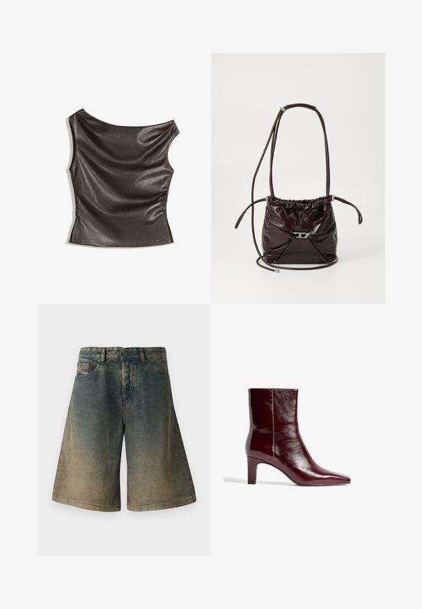 Epämääräinen, yksiolkaiminen yläosa tummanruskeasta tekonahasta; rypistetty sivuyksityiskohta; sileä pinta, jossa on kevyt kiilto; vartaloa myötäilevä malli.; Farkkushortsit, jotka vaihtelevat tummansinisestä vaaleanruskeaan. Ominaisuuksiin kuuluu klassinen viisi-taskuinen malli ja metallinappisuljenta, jossa on ommeltuja saumoja.; Burgundi nahkasaappaat, joissa on terävä kärki, tyylikäs muotoilu ja keskikokoinen lohkoakkur. Tasainen pinta ja vähäiset sauman yksityiskohdat.; Tummanruskea kiiltävä nahkainen olkalaukku, jossa on riiputtava yläosa ja ohut säädettävä olkahihna. Edessä on pieni hopeanvärinen sulkija.