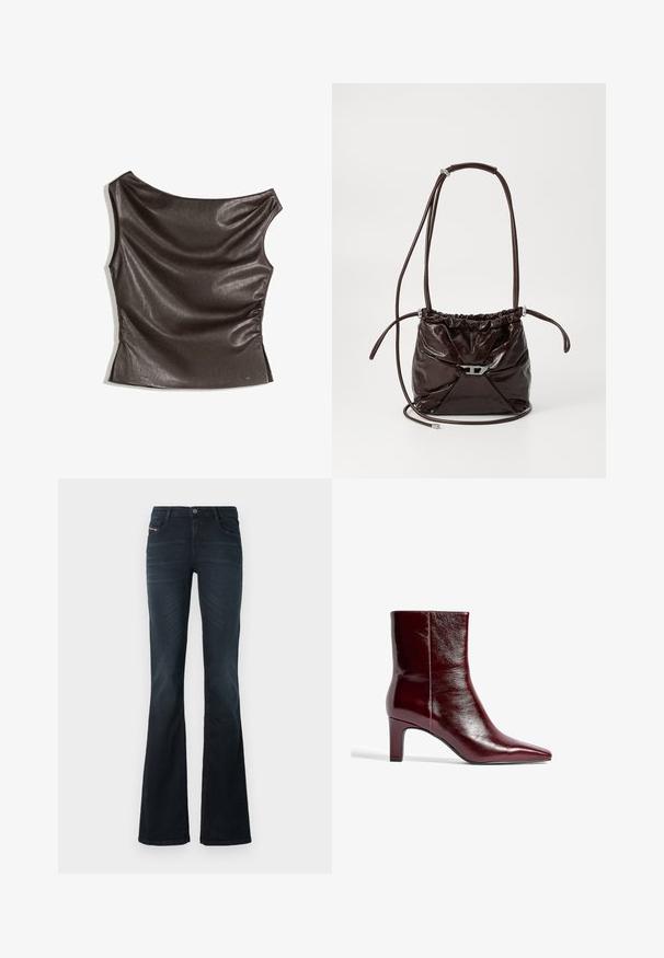 Asymetryczny top na jedno ramię w ciemnym brązowym ekologicznej skórze; marszczony detal po bokach; gładka textura z delikatnym połyskiem; dopasowany krój.; Dzwonowate dżinsy w ciemnym denimp, gładka tekstura, pięć kieszeni oraz zapięcie na guzik w talii. Posiada delikatne detale w przeszyciach.; Bordowe skórzane botki za kostkę z szpiczastym noskiem, eleganckim designem i średnim blokowym obcasem. Gładka tekstura i minimalne detale szwów.; Ciemnobrązowa, błyszcząca skórzana torba na ramię z marszczoną górą i cienkim, regulowanym paskiem, z małym srebrnym zapięciem z przodu.
