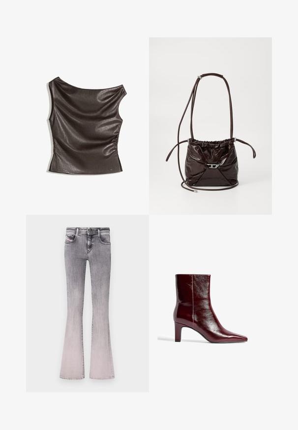 Epämääräinen, yksiolkaiminen yläosa tummanruskeasta tekonahasta; rypistetty sivuyksityiskohta; sileä pinta, jossa on kevyt kiilto; vartaloa myötäilevä malli.; Väljande jeans i gradient svart till ljust grått denim. Funktioner klassisk femficksdesign, framknappsstängning och subtila stickningsdetaljer.; Burgundi nahkasaappaat, joissa on terävä kärki, tyylikäs muotoilu ja keskikokoinen lohkoakkur. Tasainen pinta ja vähäiset sauman yksityiskohdat.; Tummanruskea kiiltävä nahkainen olkalaukku, jossa on riiputtava yläosa ja ohut säädettävä olkahihna. Edessä on pieni hopeanvärinen sulkija.