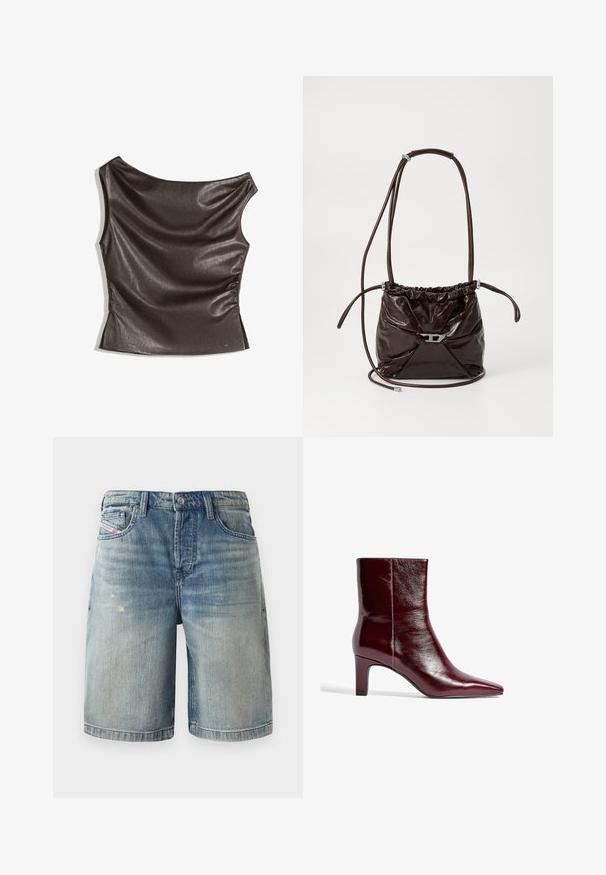 Epämääräinen, yksiolkaiminen yläosa tummanruskeasta tekonahasta; rypistetty sivuyksityiskohta; sileä pinta, jossa on kevyt kiilto; vartaloa myötäilevä malli.; Vaaleansiniset farkkushortsit, joissa on klassinen viisipokkinen muotoilu, näkyvät ompeleet ja hienovarainen haalistuminen sekä pieni kuluminen helman lähellä.; Burgundi nahkasaappaat, joissa on terävä kärki, tyylikäs muotoilu ja keskikokoinen lohkoakkur. Tasainen pinta ja vähäiset sauman yksityiskohdat.; Tummanruskea kiiltävä nahkainen olkalaukku, jossa on riiputtava yläosa ja ohut säädettävä olkahihna. Edessä on pieni hopeanvärinen sulkija.