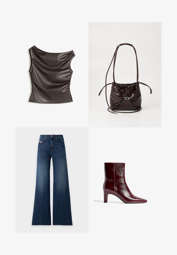 Asymmetrische top met één schouder in donkerbruin faux leer; geplooide zijdetails; gladde textuur met een lichte glans; getailleerd ontwerp.; Hoge taille donkerblauwe wijde jeans met voor- en muntzakken, knoopsluiting en subtiele whisker-details op de dijen.; Bordeaux leren enkellaars met een spitse neus, een slank ontwerp en een middelgrote blokhak. Gladde textuur en minimale naaddetails.; Diepbruin, glanzend leren schoudertas met een geplooide bovenkant en een dunne verstelbare schouderriem, met een klein detail van een zilverkleurige sluiting aan de voorkant.